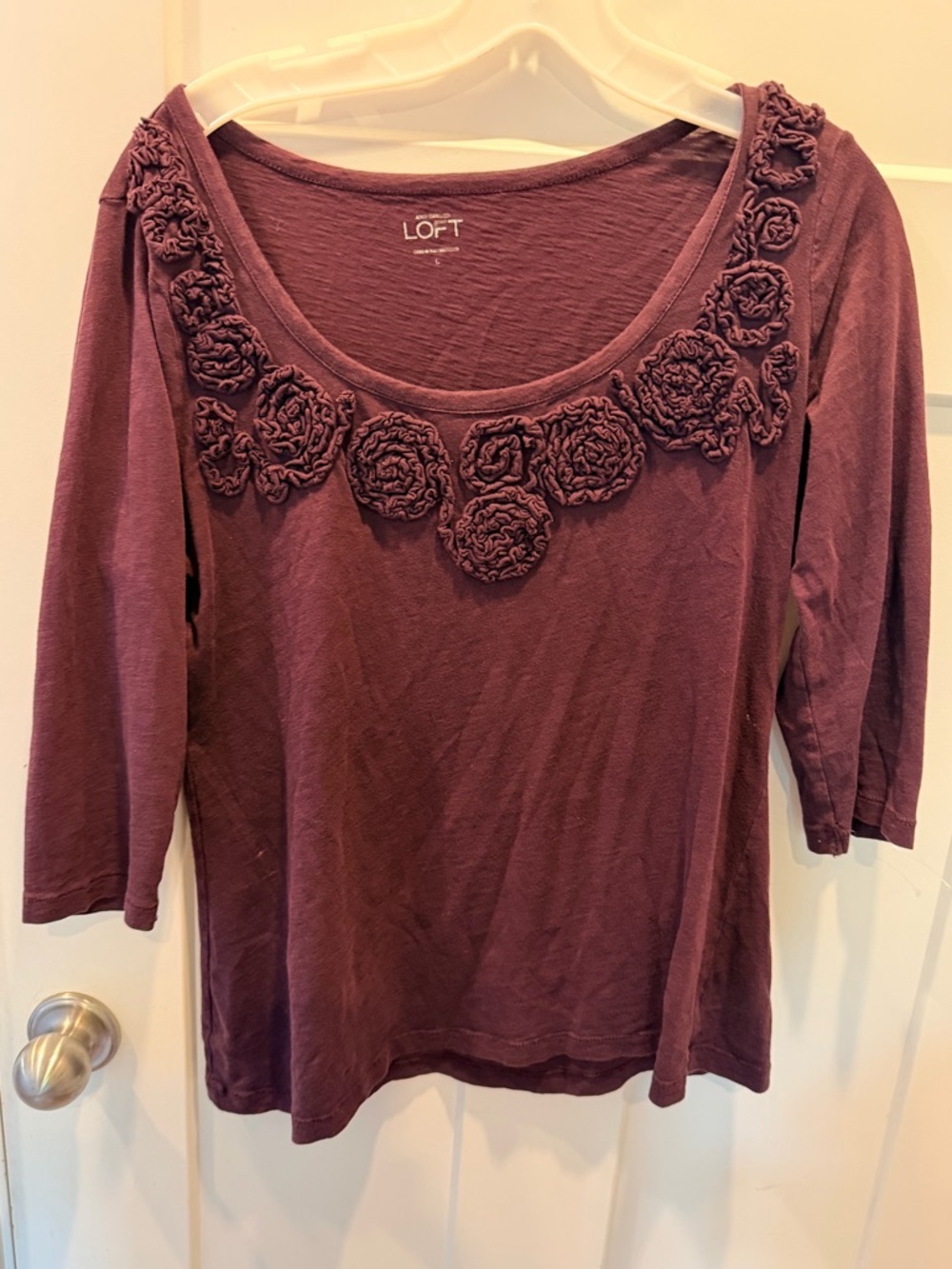 LOFT Burgundy Rosette Neck Top Large 3/4 Sleeve Embellished Scoop Neck